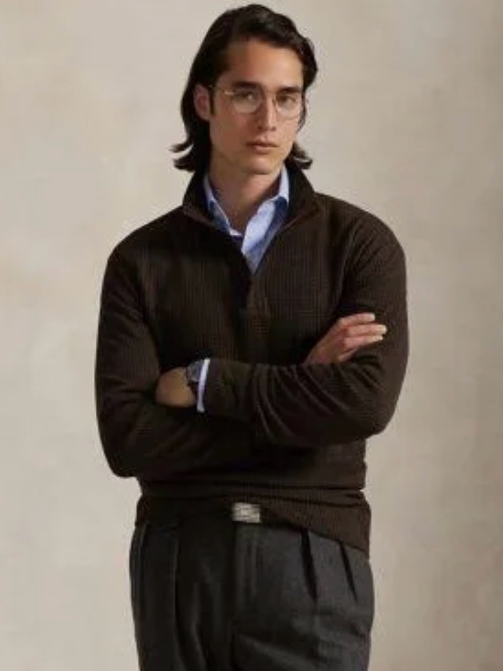 Polo by Ralph Lauren Brown Houndstooth Zip-Up Sweater